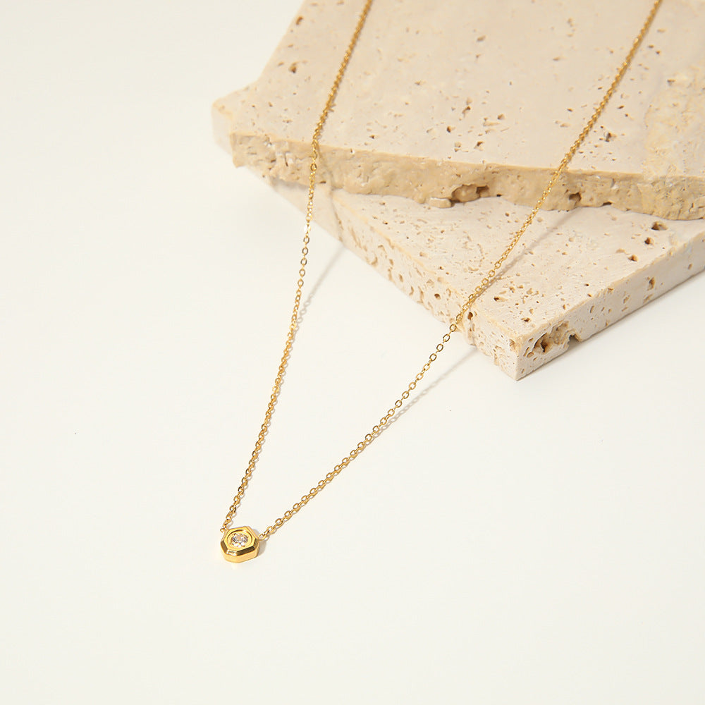 Minimalist Geometric Titanium Steel Pendant Necklace for Women with White Zircon Inlay and 18K Gold Plating
