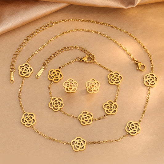 Elegant Stainless Steel Plated Camellia Flower Jewelry Set for Women