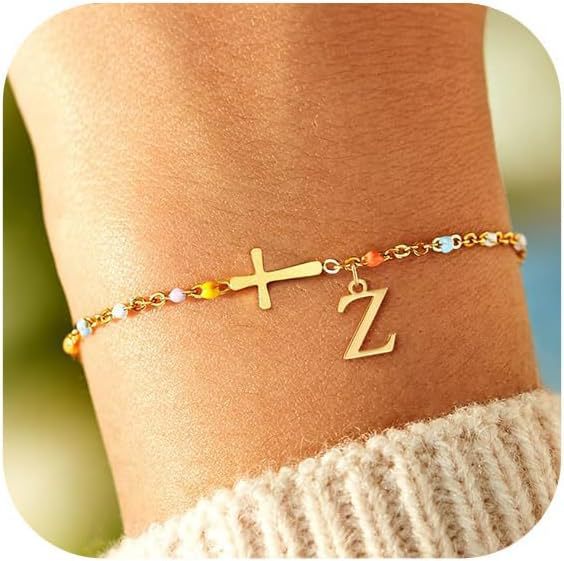 Colorful Drip Oil Plated Stainless Steel Letter Cross Bracelet for Women