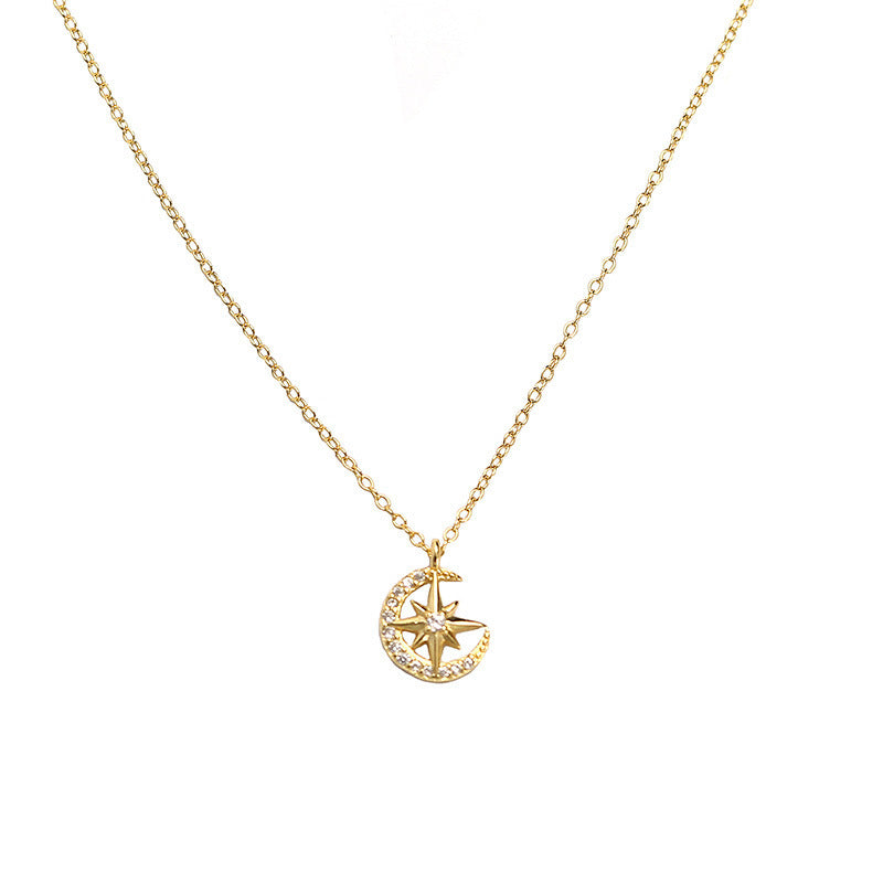 925 Sterling Silver Star Moon Cubic Zirconia Inlay Necklace