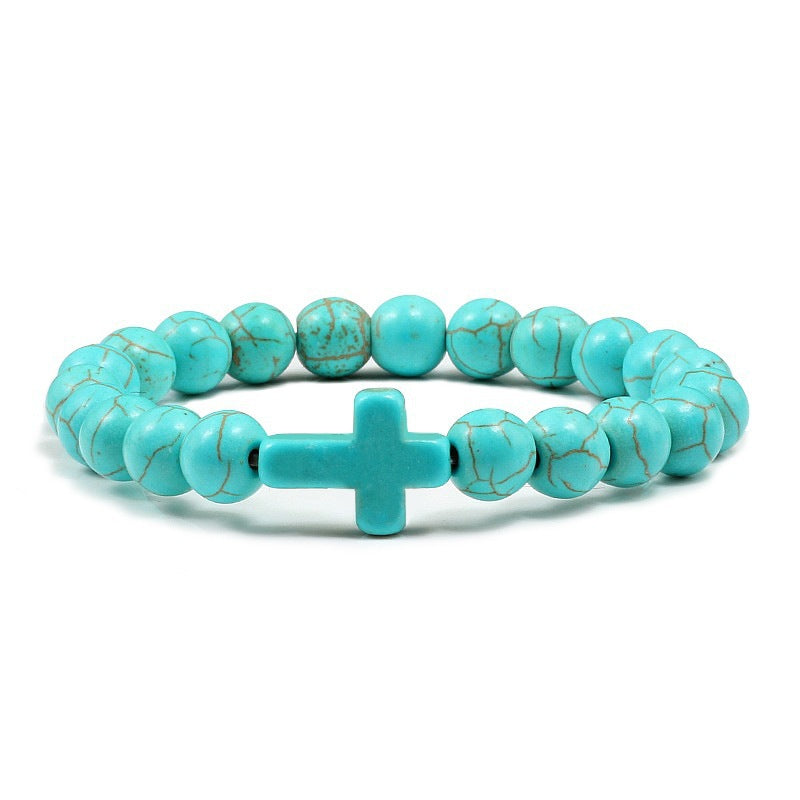 Natural Turquoise Cross Beaded Bracelet 8mm Round Stone Unisex Handmade Jewelry