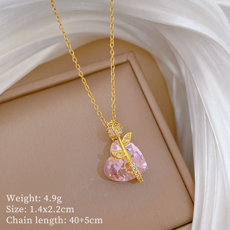Pink Heart Rose Pendant Necklace for Women Stainless Steel Minimalist Elegant Collarbone Chain with Rhinestone Accents