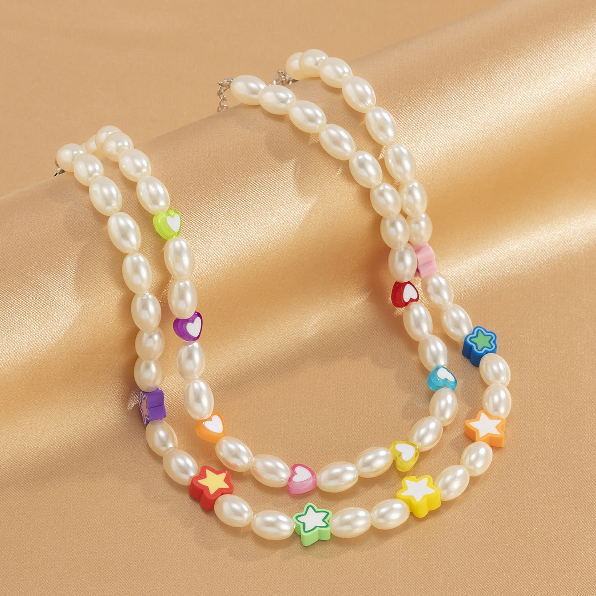 Minimalist Star and Heart Shape Resin Necklace Set for Women with Geometric Design and Pearl-Like Beads