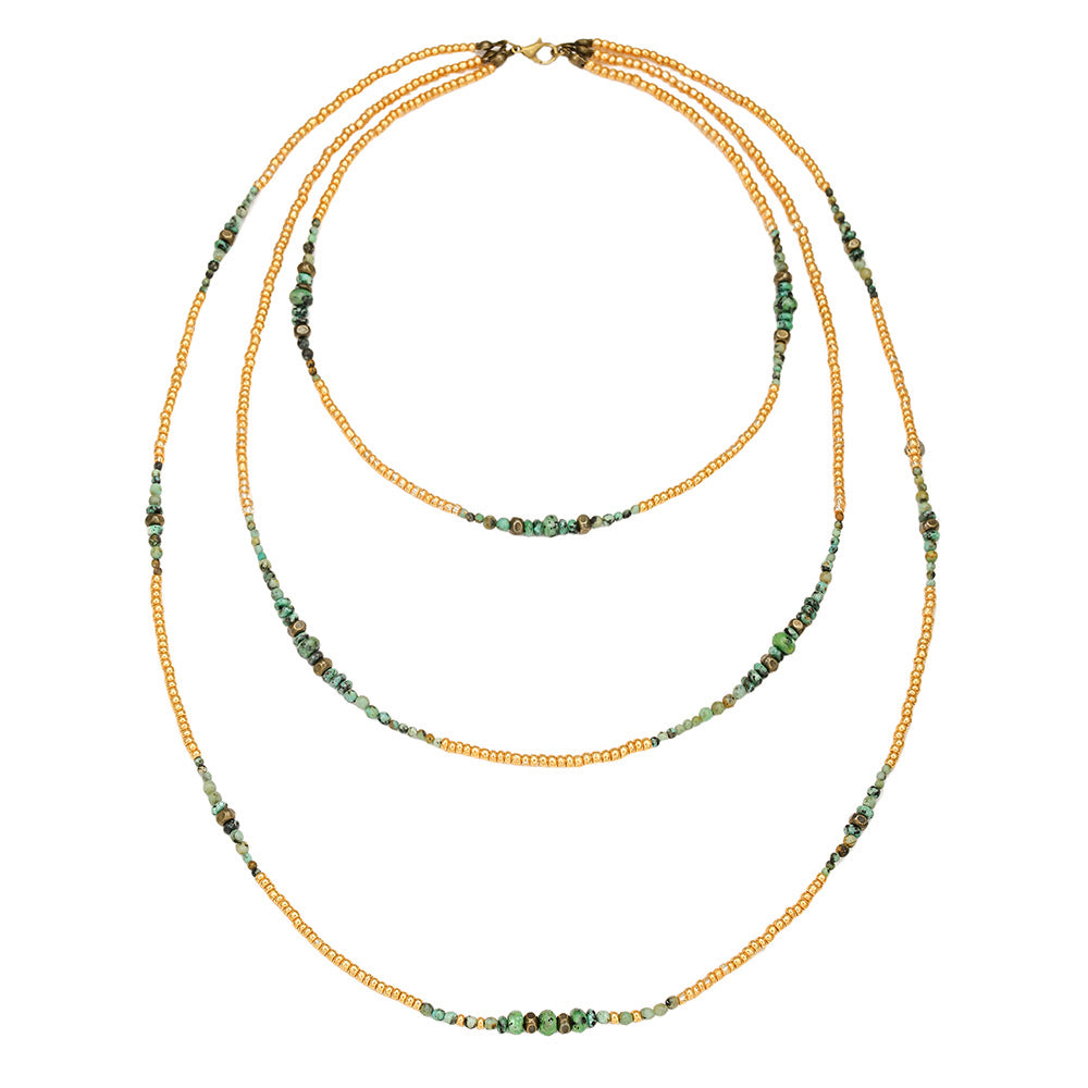 Unique Handmade Geometric Round Seed Bead and Turquoise Cable Chain Necklace for Unisex