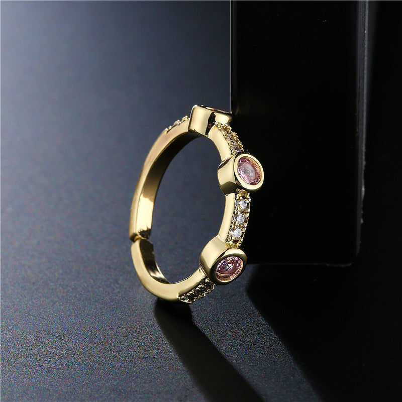 Vintage Geometric Brass Gold Plated Micro-Inlaid Cubic Zirconia Ring for Women
