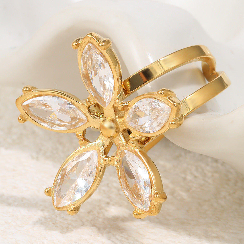 Minimalist Elegant 18K Gold Plated Stainless Steel Floral Cubic Zirconia Open Ring for Women