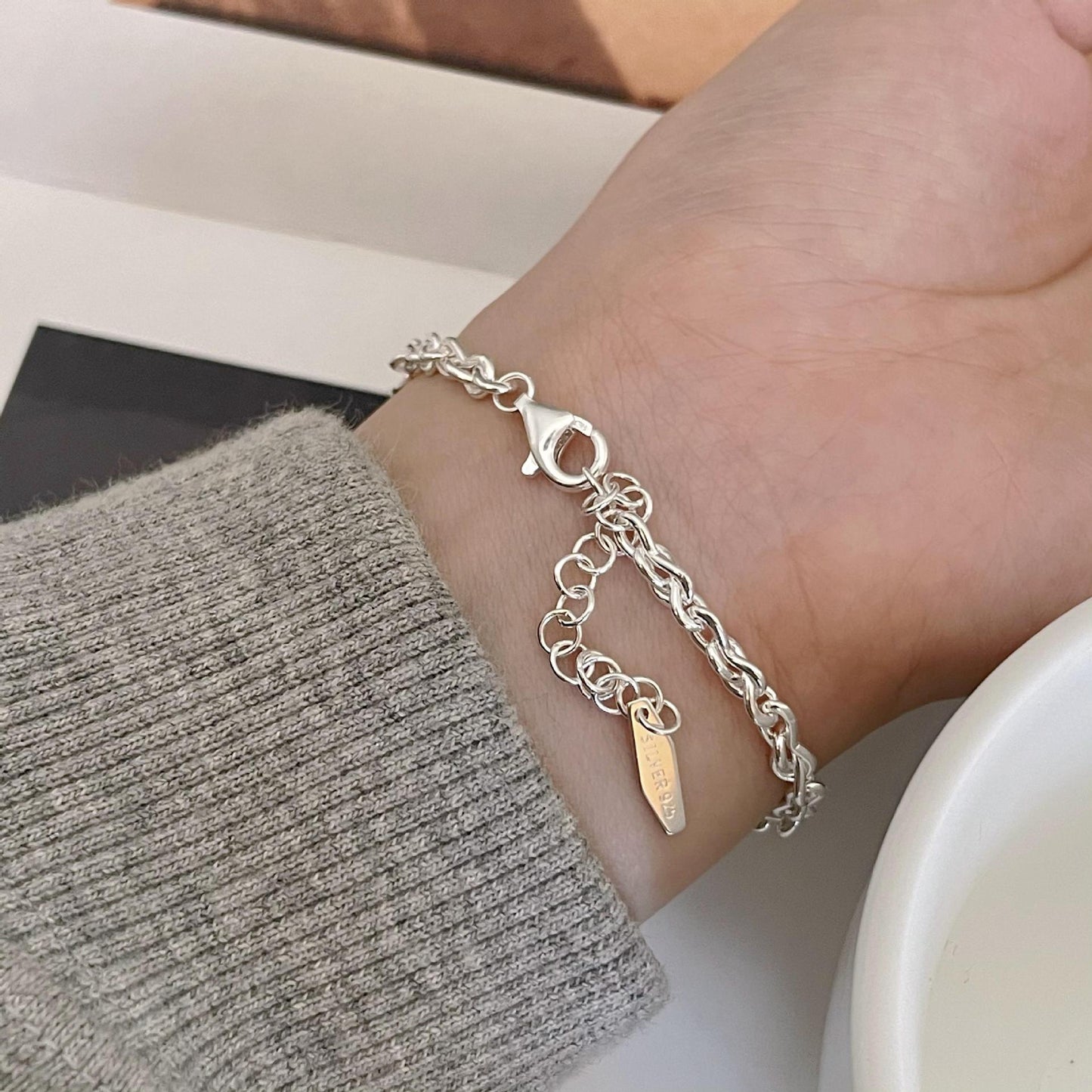 Minimalist 925 Sterling Silver Geometric Square Handmade Bracelet