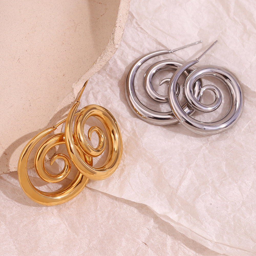 Minimalist Geometric Stainless Steel Ear Studs with 18K Gold Plating and Smoky Spiral Design for Women