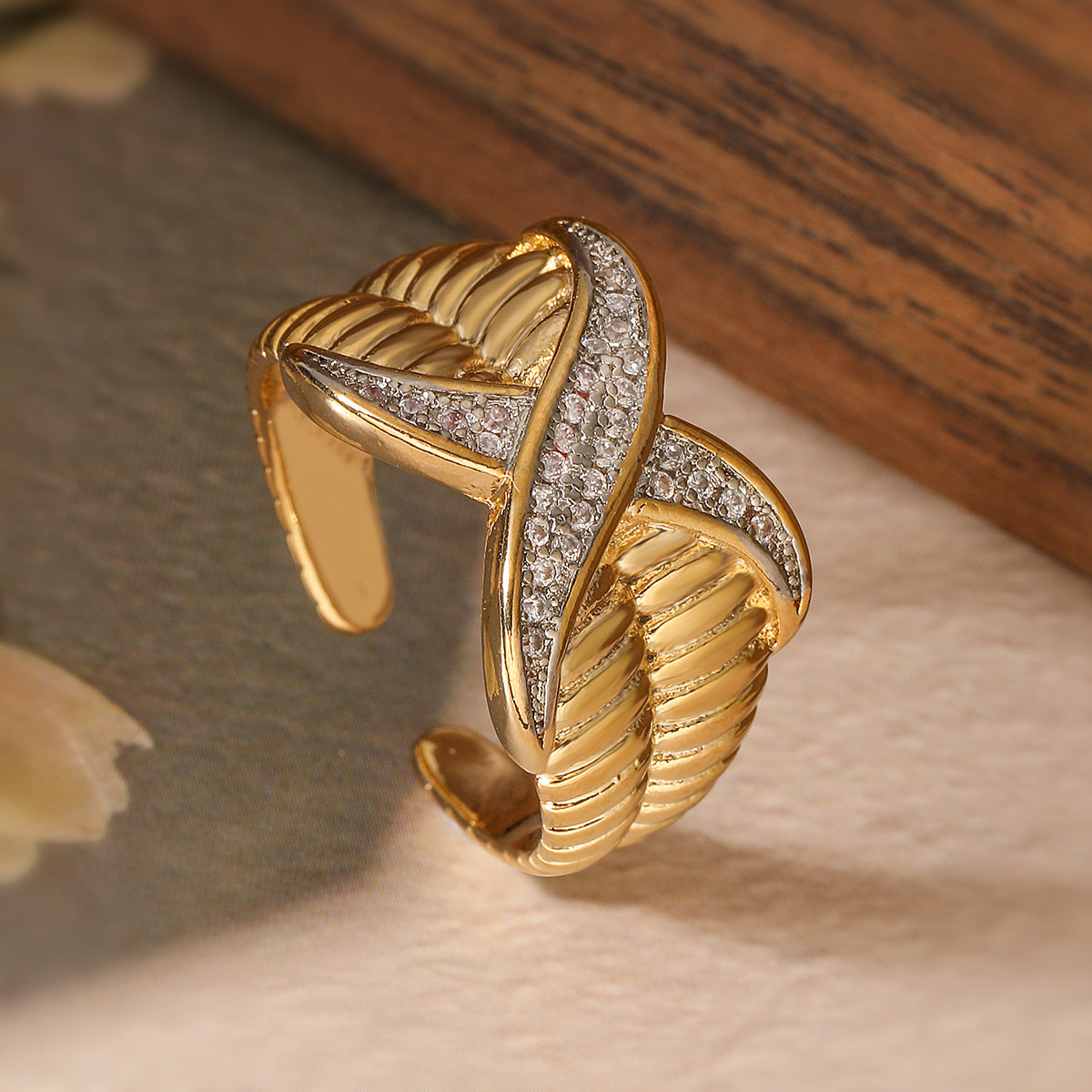Minimalist Geometric Open Ring for Women in Brass with Micro-Paved Zirconia, Vintage-Inspired Fashion Accessory