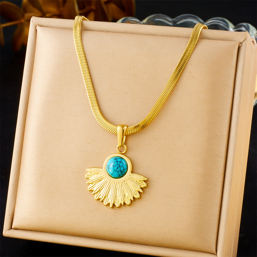 Vintage Gold Plated Heart Teardrop Stainless Steel Necklace and Earring Set with Turquoise and Pearl on Snake Chain for Women