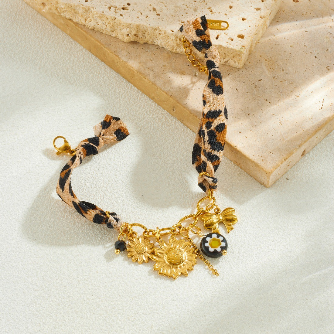 Vintage Gold Plated Stainless Steel Sunflower Bow Leopard Print Chain Bracelet for Women