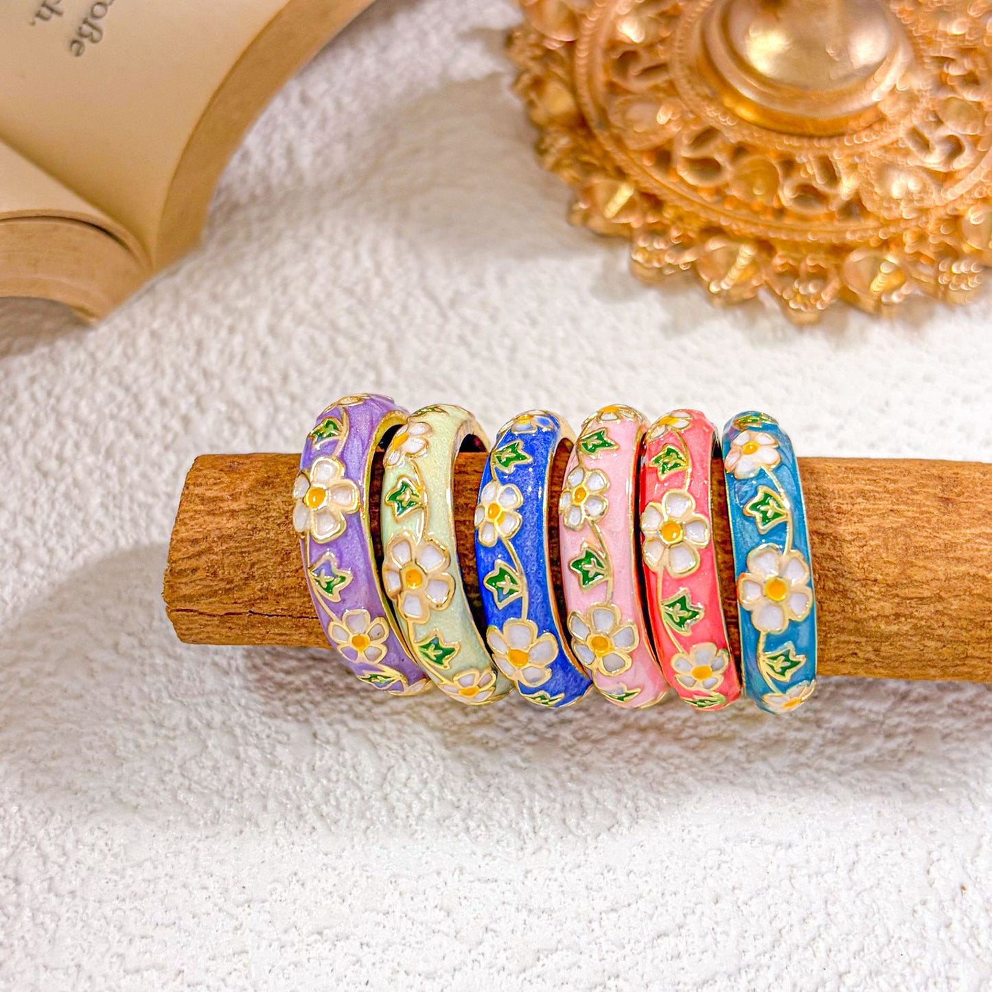 Vintage Sweet Enamel Floral Gold Plated Brass Ring for Women