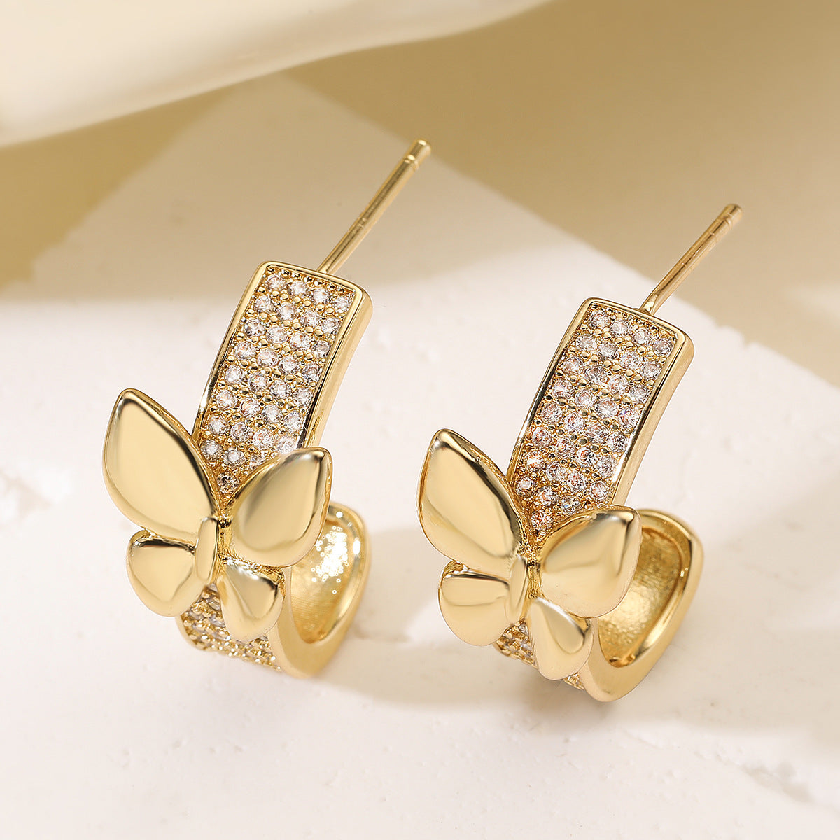 Minimalist Luxury Geometric Butterfly Brass Gold Plated Cubic Zirconia Stud Earrings for Women