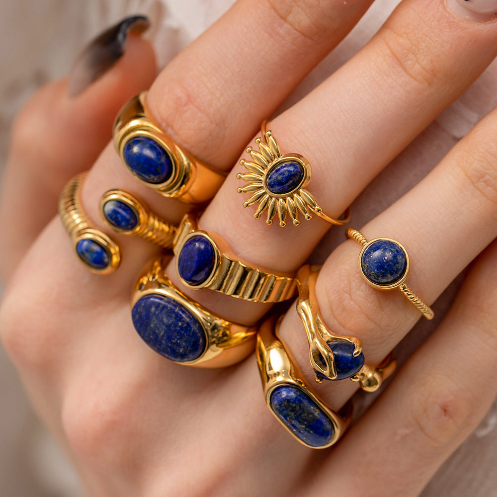 Vintage Palace-Style Titanium Steel Necklace with Geometric Pendant Featuring Lapis Lazuli Inlay and Plated Finish