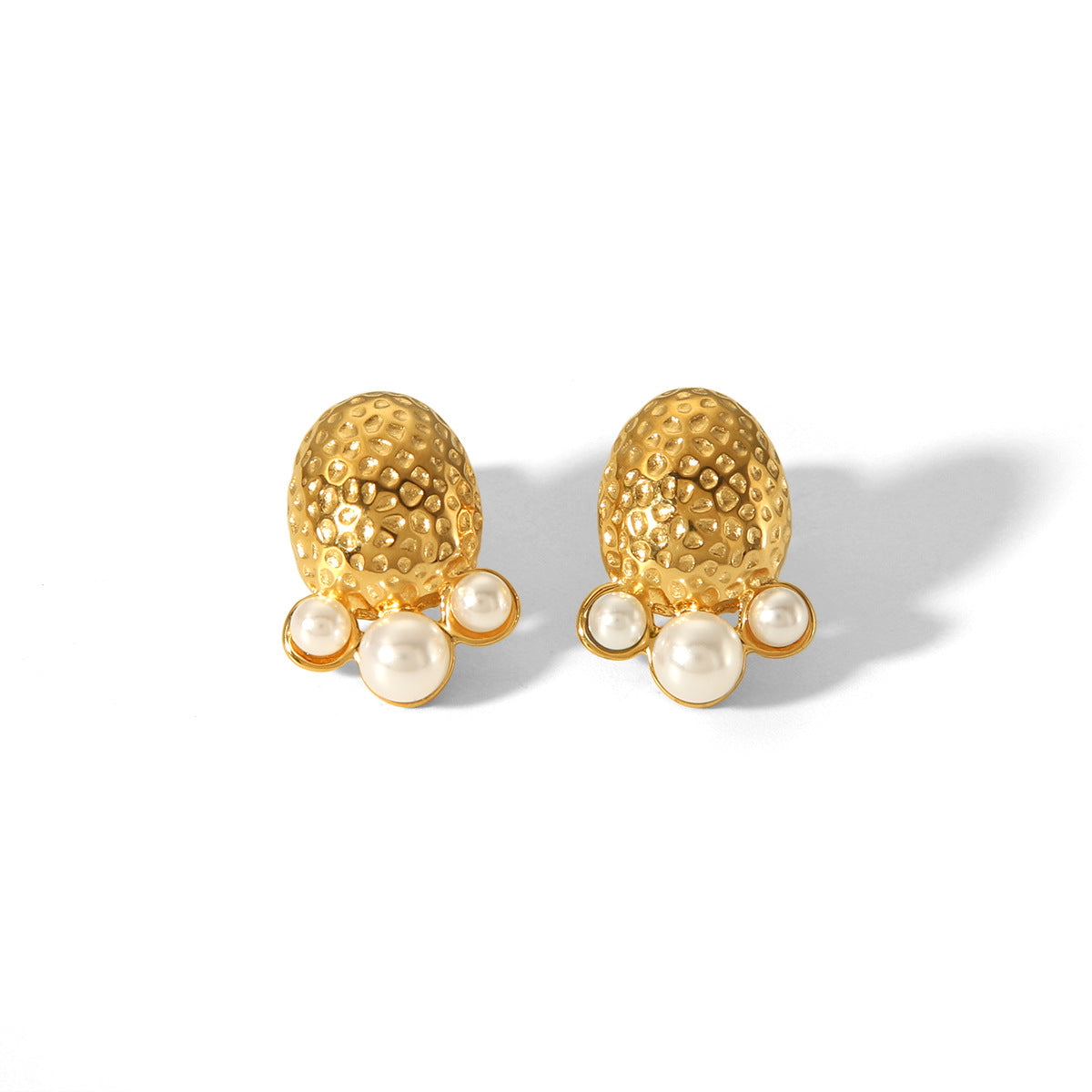Fashion Ins Style 18K Gold Plated Hammered Stainless Steel Geometric Pearl Earrings for Women