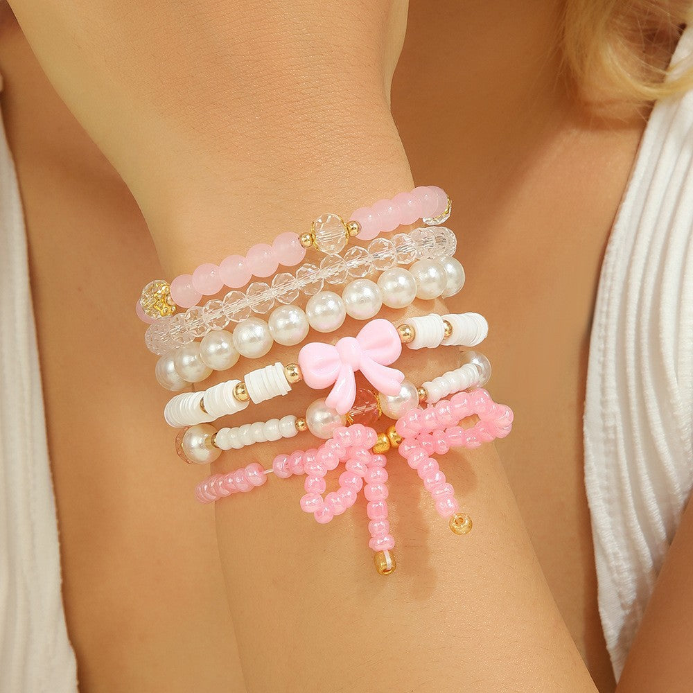 Sweet Pink Crystal Acrylic Bow Bracelet Handmade Beaded Stretch Jewelry for Women