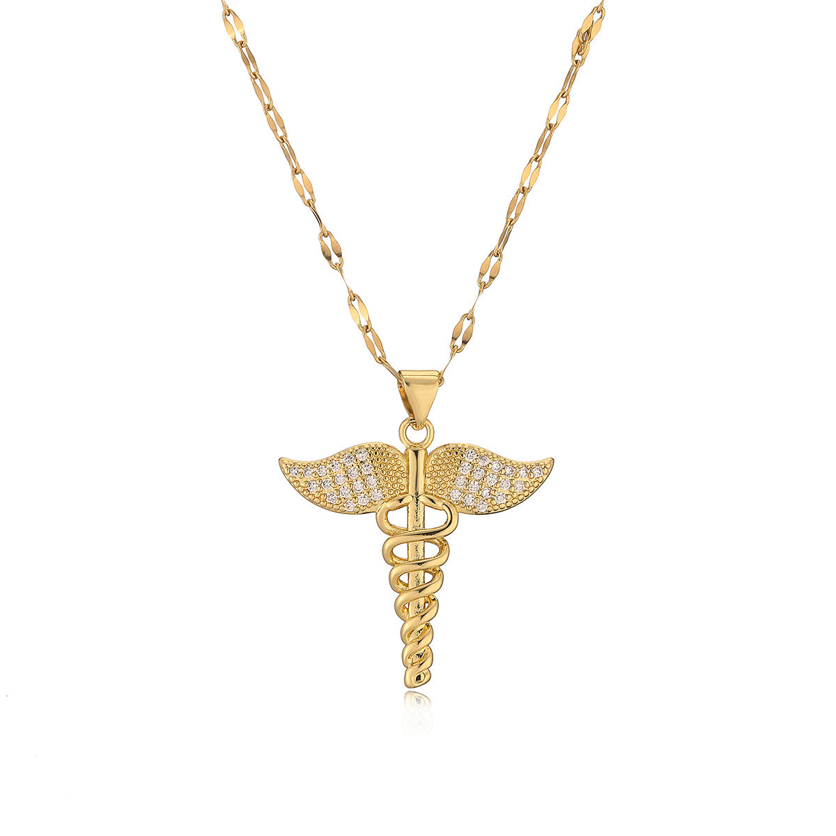 Minimalist Geometric Angel Cross Pendant Necklace for Women with Copper Base and Real Gold Plating Rhinestone Inlay