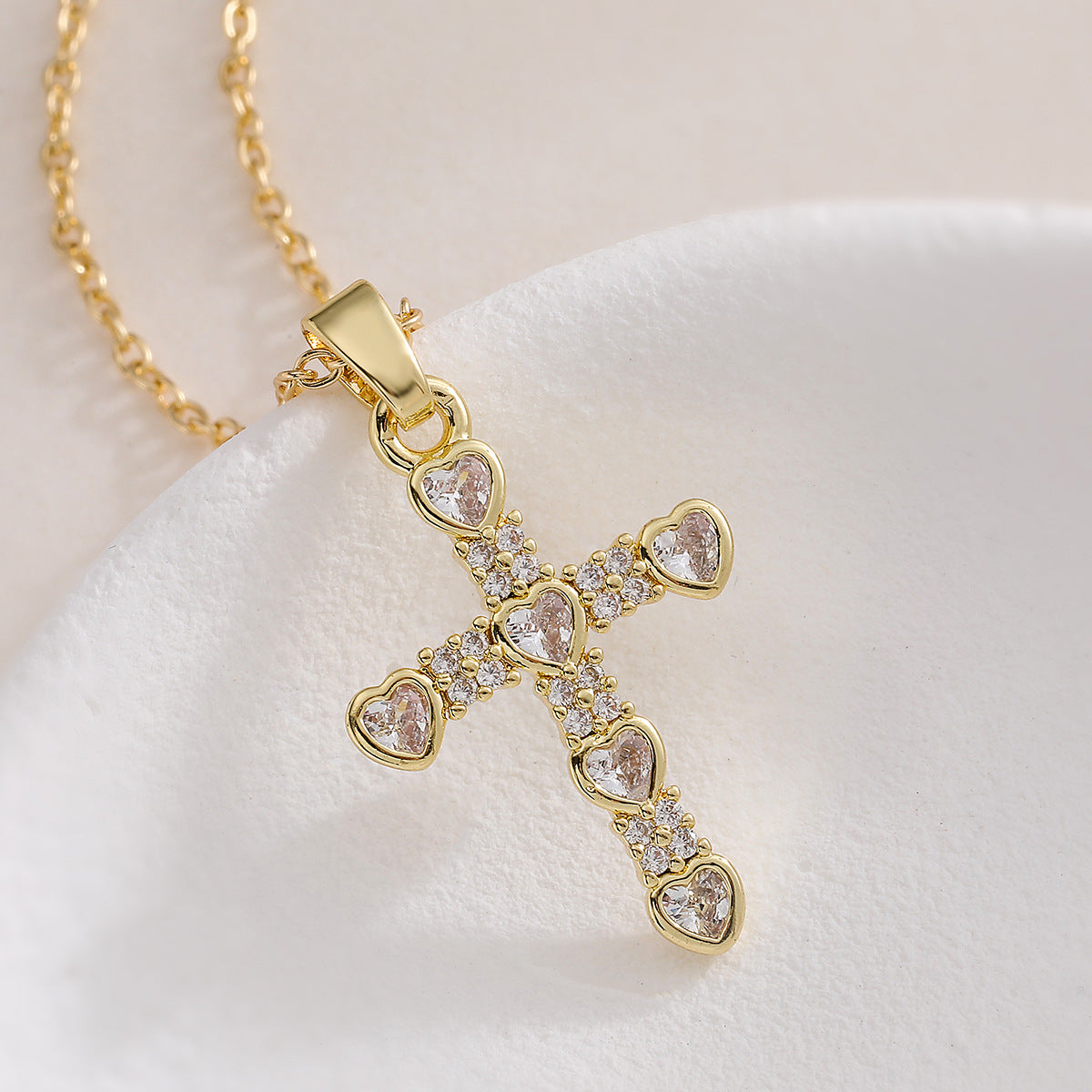 Minimalist Elegant 18K Gold Plated Brass Cross Pendant Necklace with Cubic Zirconia for Women