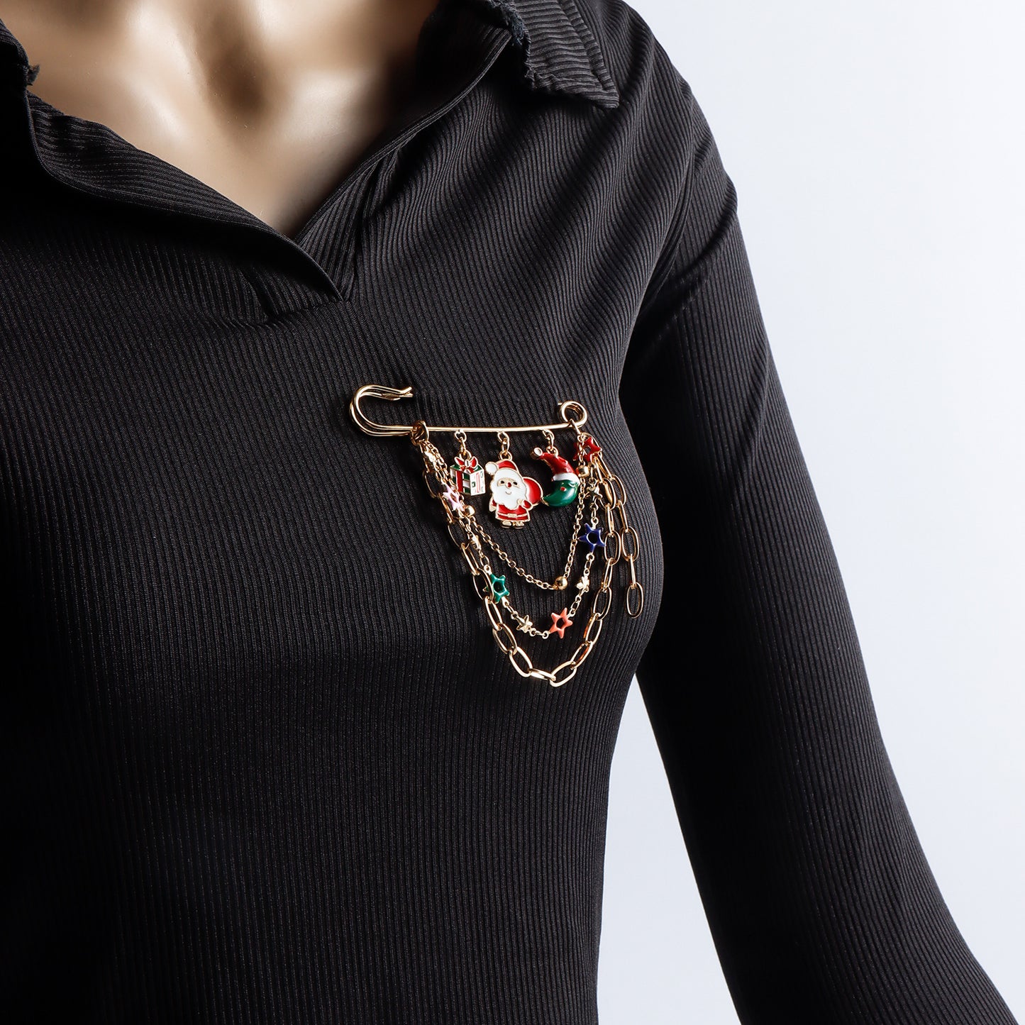 Diseño Original Pin Navideño Geométrico para Mujer con Acabado de Metal Bañado, Broche de Papá Noel para Fiestas, Accesorio de Regalo