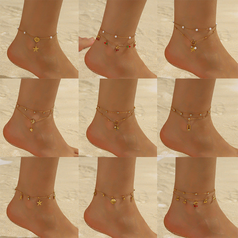 Double Layer Stainless Steel Anklet with Rhinestone Cherry Starfish Flower and Star Moon Charms for Women