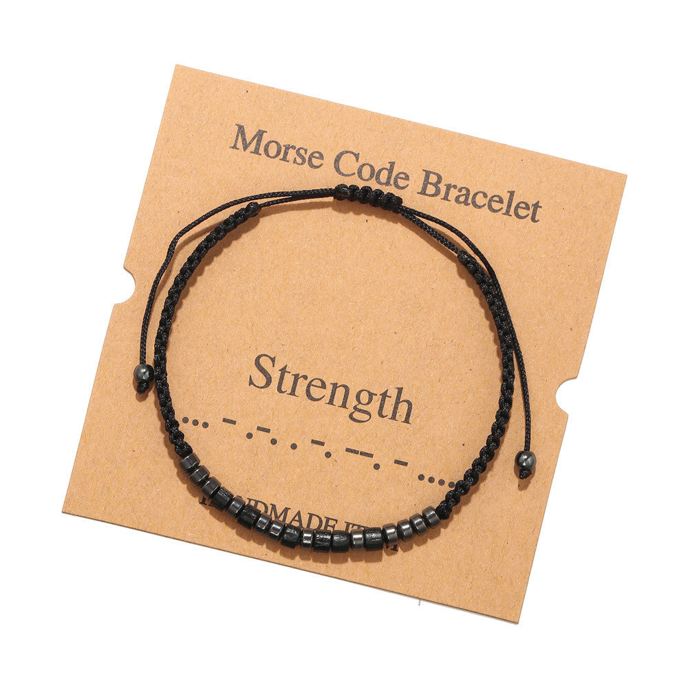 Geometric Morse Code Wood Bead Bracelet Unisex Handmade Braided Card
