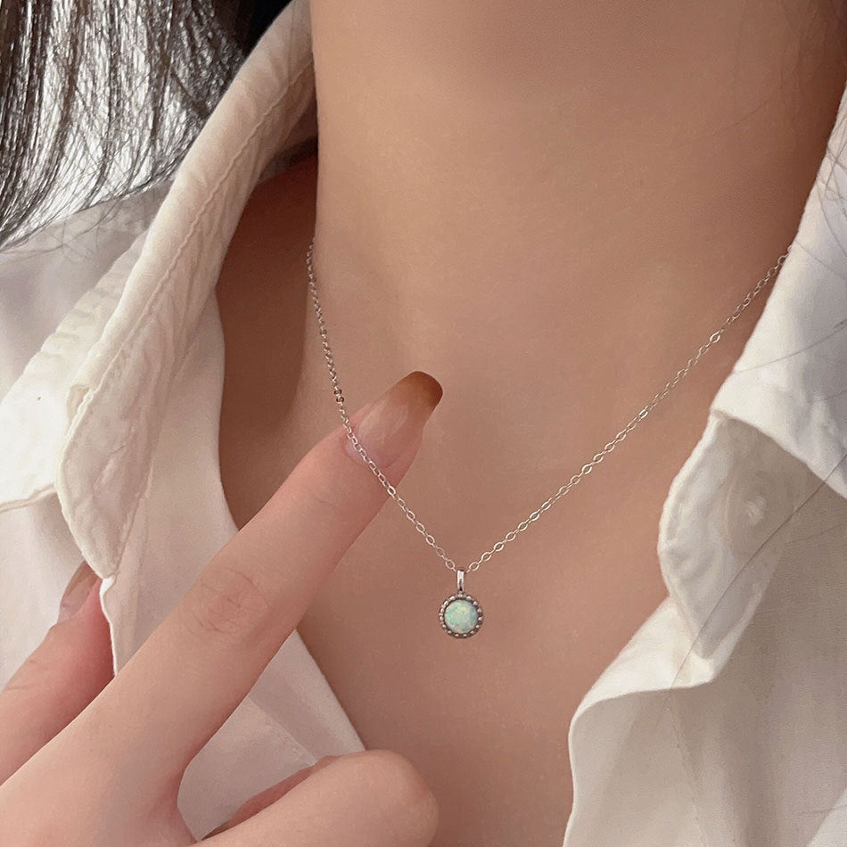 Minimalist 925 Sterling Silver Star Round Opal Inlay Necklace Box Chain Women