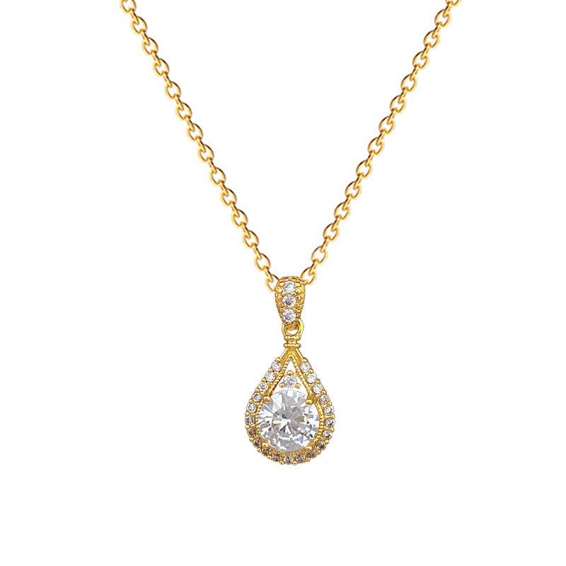 Minimalist Sweet Teardrop Geometric Gold Plated Rhinestone Inlay Titanium Steel Necklace for Women
