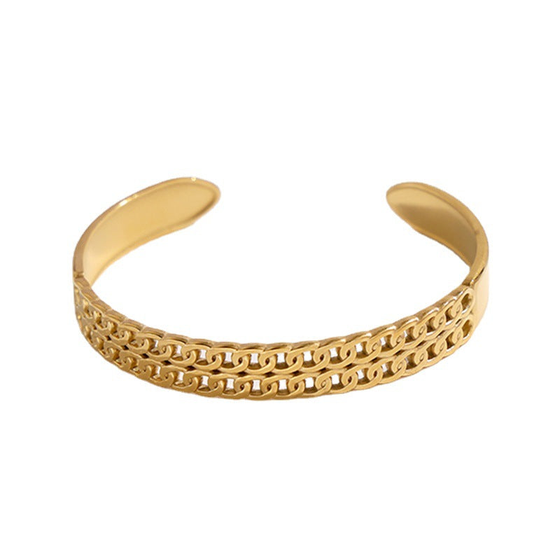 Bracciale placcato in acciaio inossidabile geometrico da donna con design traforato e dettaglio catena