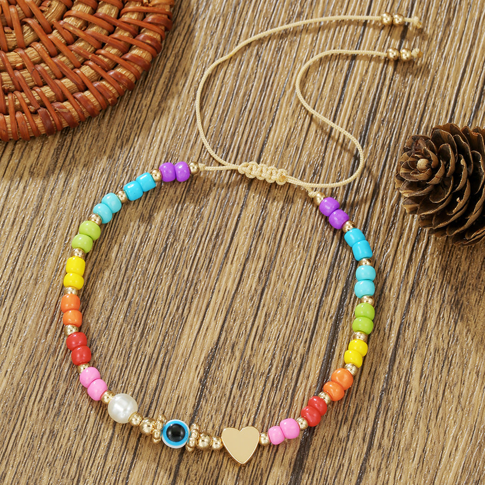 Handmade Geometric Heart Glass Bead and Pearl Bracelet for Women