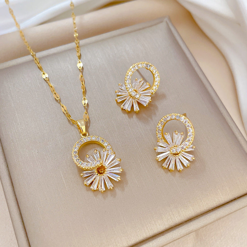 Titanium Steel Flower-Shaped Micro-Pave Necklace and Earrings Set for Women Luxury Geometric Design Elegant Party Jewelry