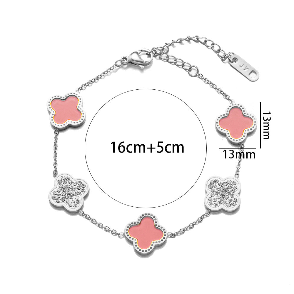 Fashion 18K Rose Gold Plated Titanium Steel Four-Leaf Clover Rhinestone Bracelet for Women