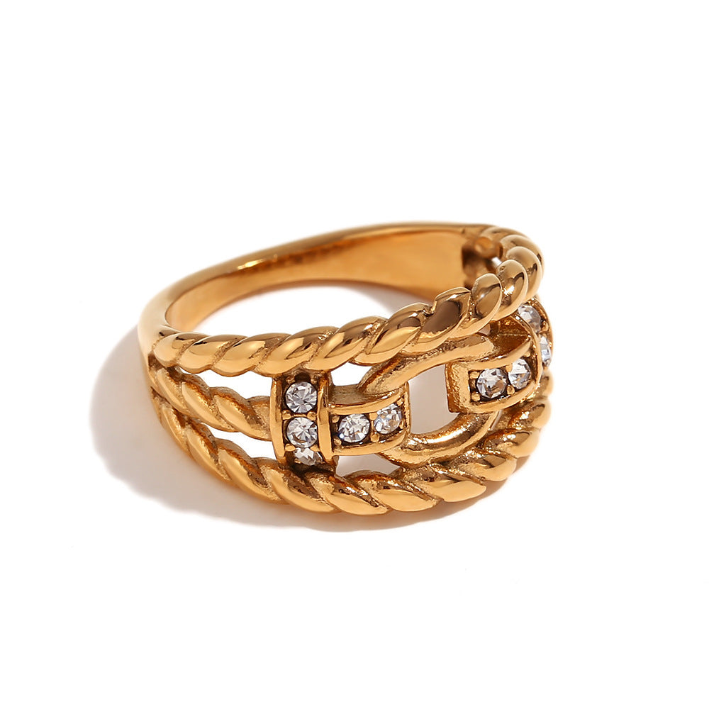 Creative Geometric Stainless Steel Ring with 18K Gold Plating, Rhinestone Inlay, Twisted Hollow Design for Women