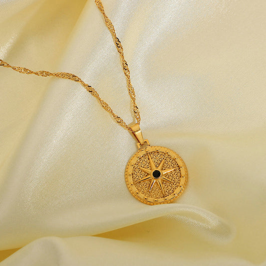 Collar con colgante de estrella de ocho puntas geométrica redonda de acero inoxidable con incrustaciones de diamantes de imitación negros y acabado galvanizado para hombres y mujeres