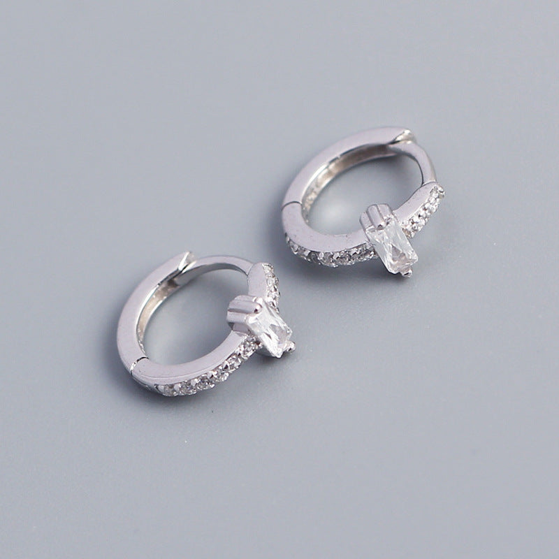Minimalist Elegant 925 Sterling Silver Rectangle Geometric Inlaid Cubic Zirconia Hoop Earrings