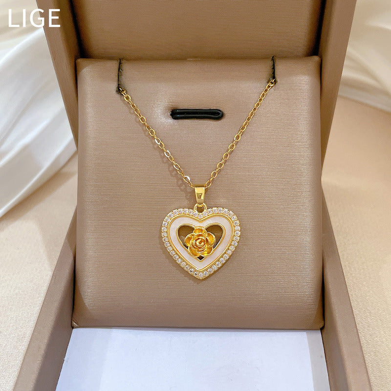 Sweet Elegant Heart Rose Shell Rhinestone Pendant Titanium Steel Necklace for Women