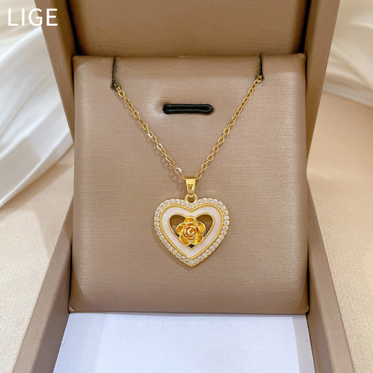 Sweet Elegant Heart Rose Shell Rhinestone Pendant Titanium Steel Necklace for Women