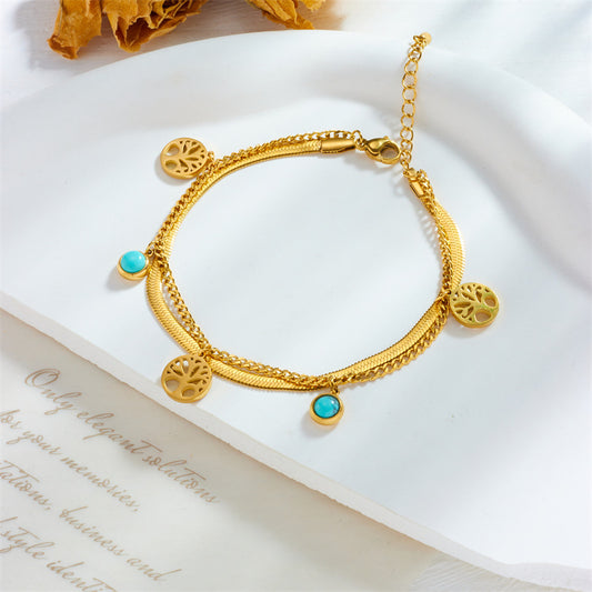 Vintage Minimalist Turquoise Tree of Life Round Pendant Double Layer Titanium Steel Bracelet for Women