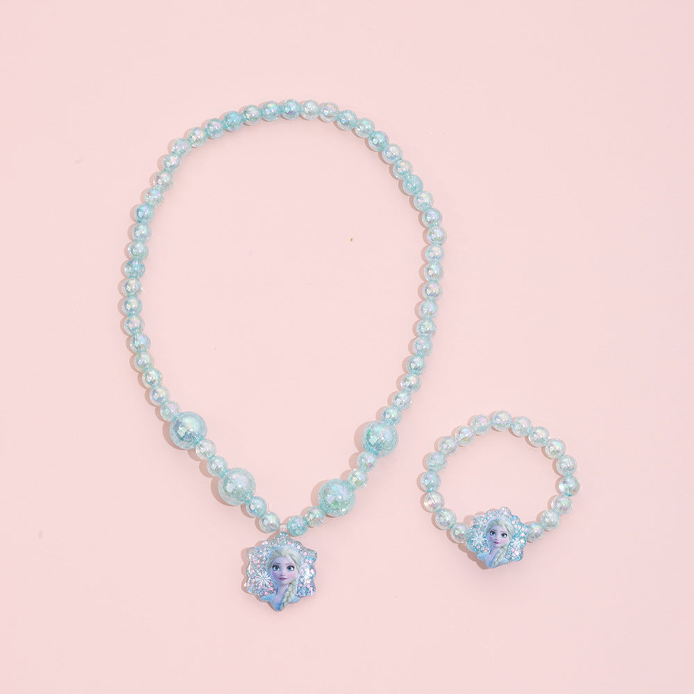 Cartoon Elsa Princess Necklace Set for Kids with Resin Pendant on Beaded Chain Adjustable for Ages 0-10 Years