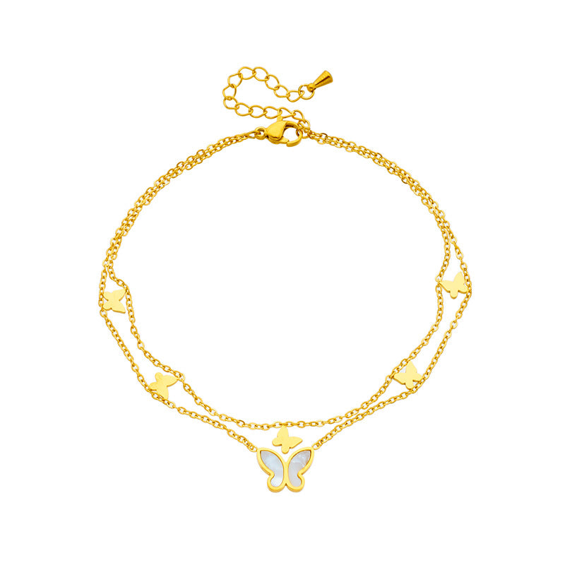 Tobillera Pulsera de Tobillo de Mariposa Pulida Minimalista de Acero de Titanio Multicapa Estilo Playa Versátil