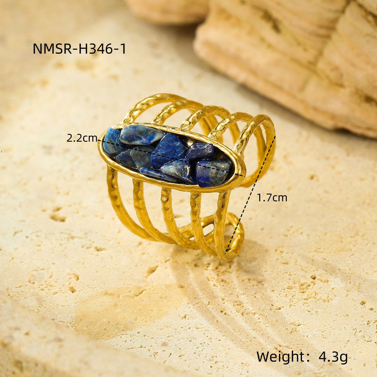 Anello Aperto Minimalista Geometrico in Acciaio al Titanio Placcato Oro 18K con Intarsio in Pietra Naturale