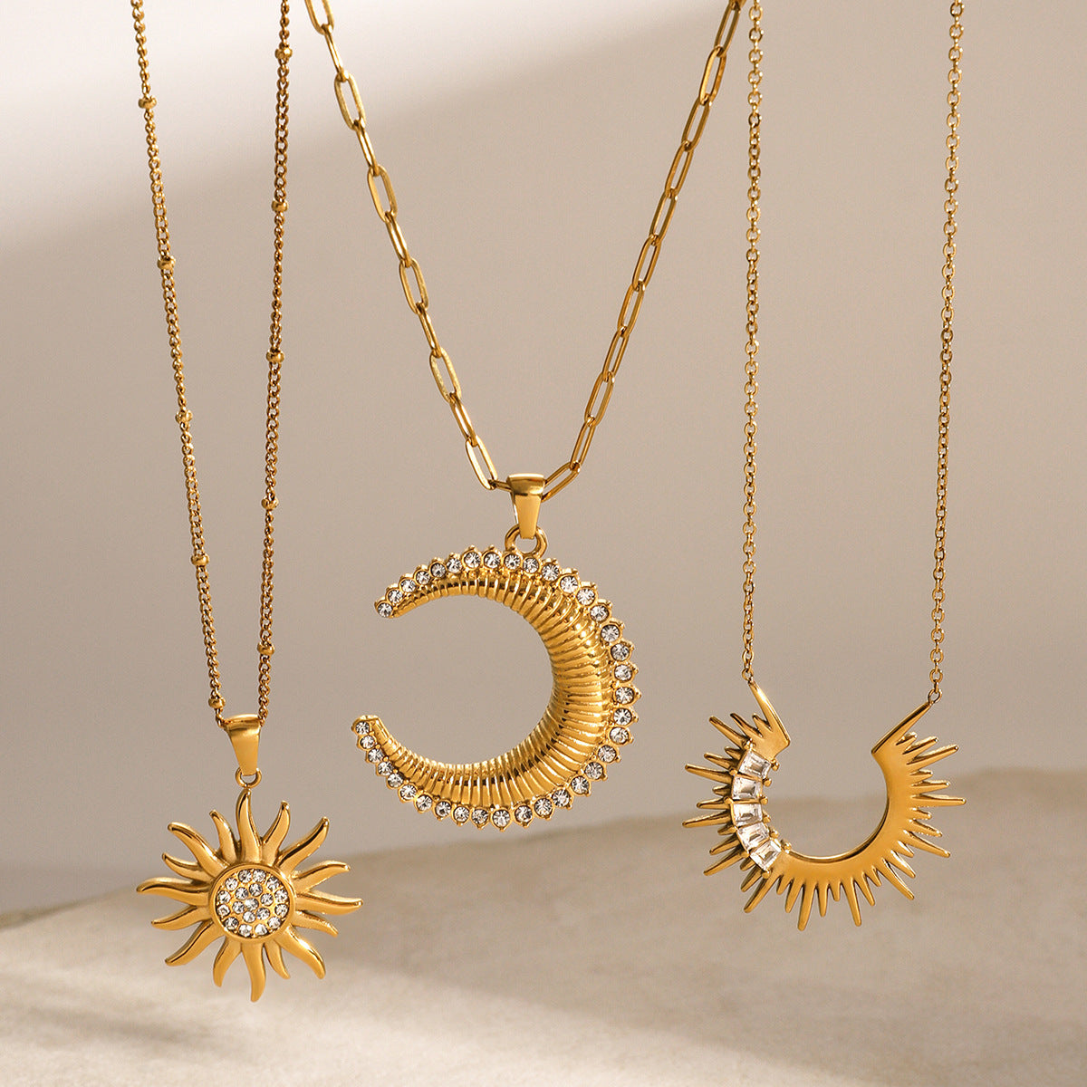 Elegant Geometric Moon Stainless Steel Plated Necklace with Cubic Zirconia Sunflower Pendant for Women