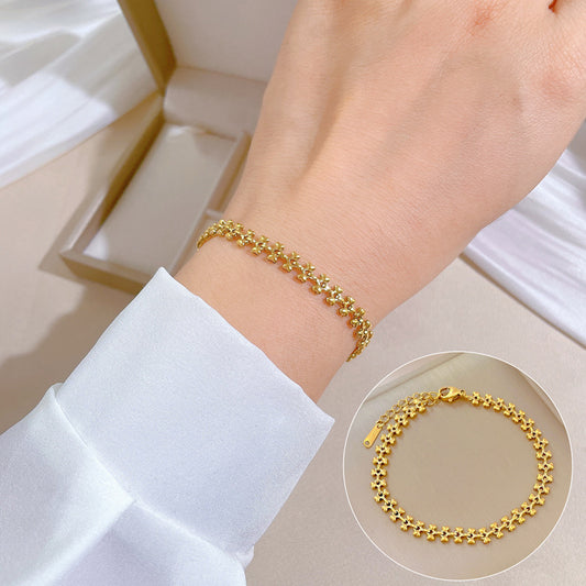 Vintage Sweet Titanium Steel Box Chain Bracelet with Heart and Dog Bone Charms Gold Plated