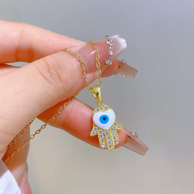 Sweet Elegant Geometric Cartoon Hand Eye Drip Oil Rhinestone Pendant Necklace Titanium Steel Cable Chain Unisex
