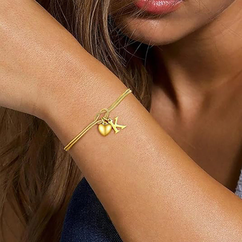 Sweet Luxury Stainless Steel PVD Snake Chain Bracelet with Rhinestone Letter Heart Cross Pendant for Women