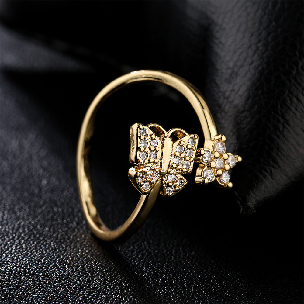 Minimalist Geometric Brass Ring with 18K Gold Plating and Cubic Zirconia Inlay for Women