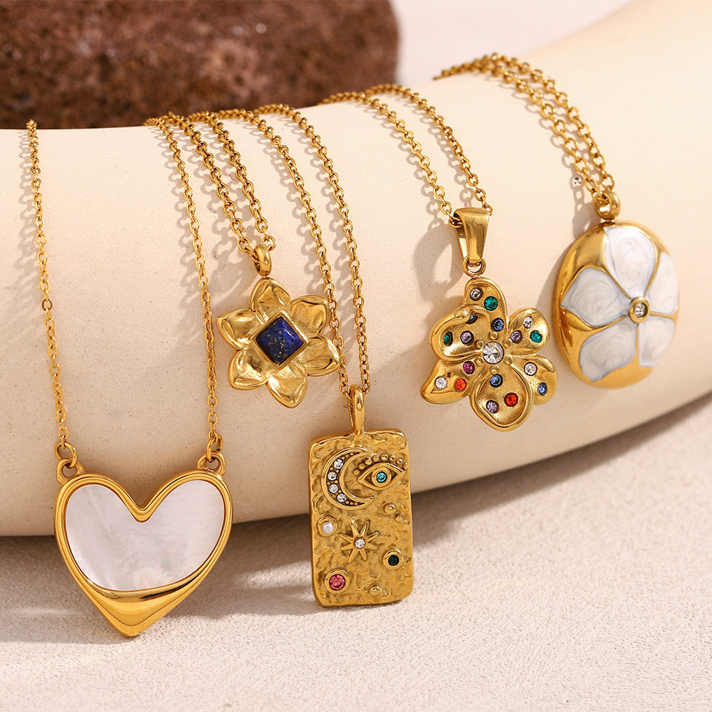 Vintage Stainless Steel Pendant Necklace with 18K Gold Plating, Heart Star Moon and Floral Design for Women