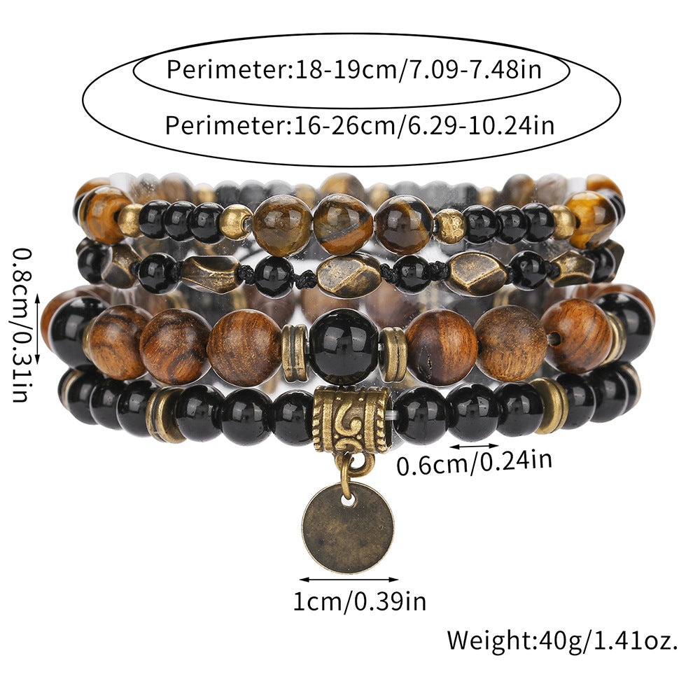 Hip-hop Men's Natural Tiger Eye Black Agate Wood Bead Stretch Bracelet Geometric Round Adjustable
