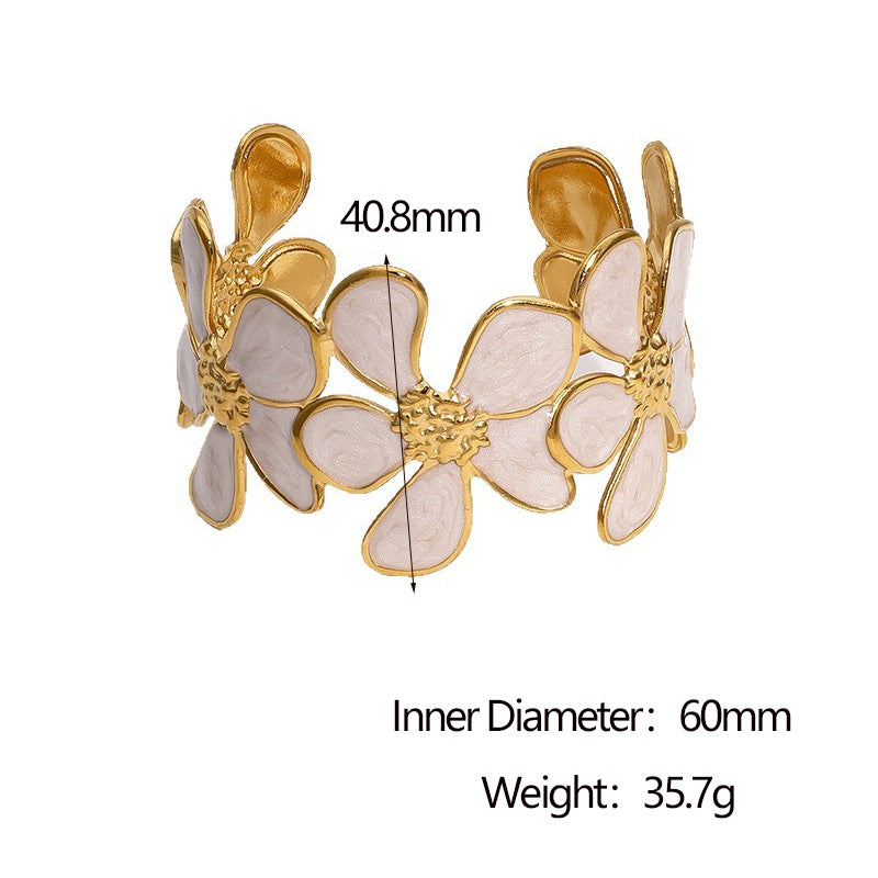 Minimalist 18K Gold Plated Stainless Steel Flower Open Cuff Bracelet Lightweight Fashion Jewelry