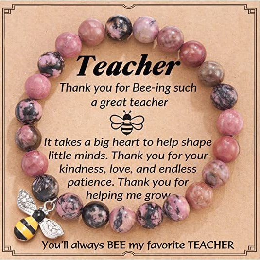 Natural Agate Bee Charm Bracelet Handmade Elastic Beaded String Unisex Jewelry