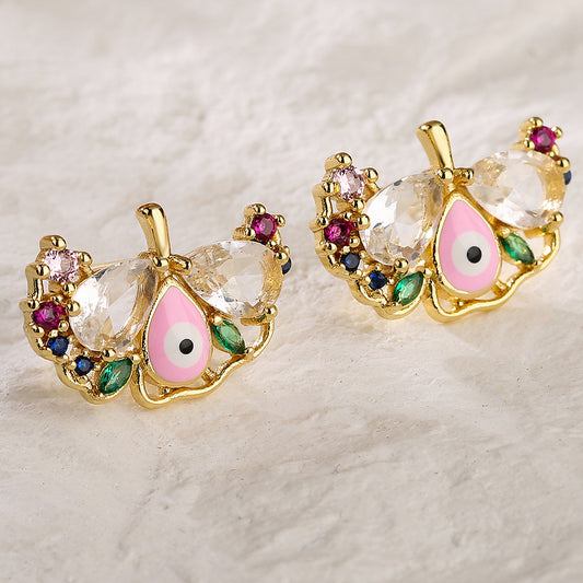 Pendientes de Zirconia con Diseño de Ojo Turco Geométrico Minimalista para Mujer, con Base de Cobre Bañado en Oro y Acabado Esmaltado